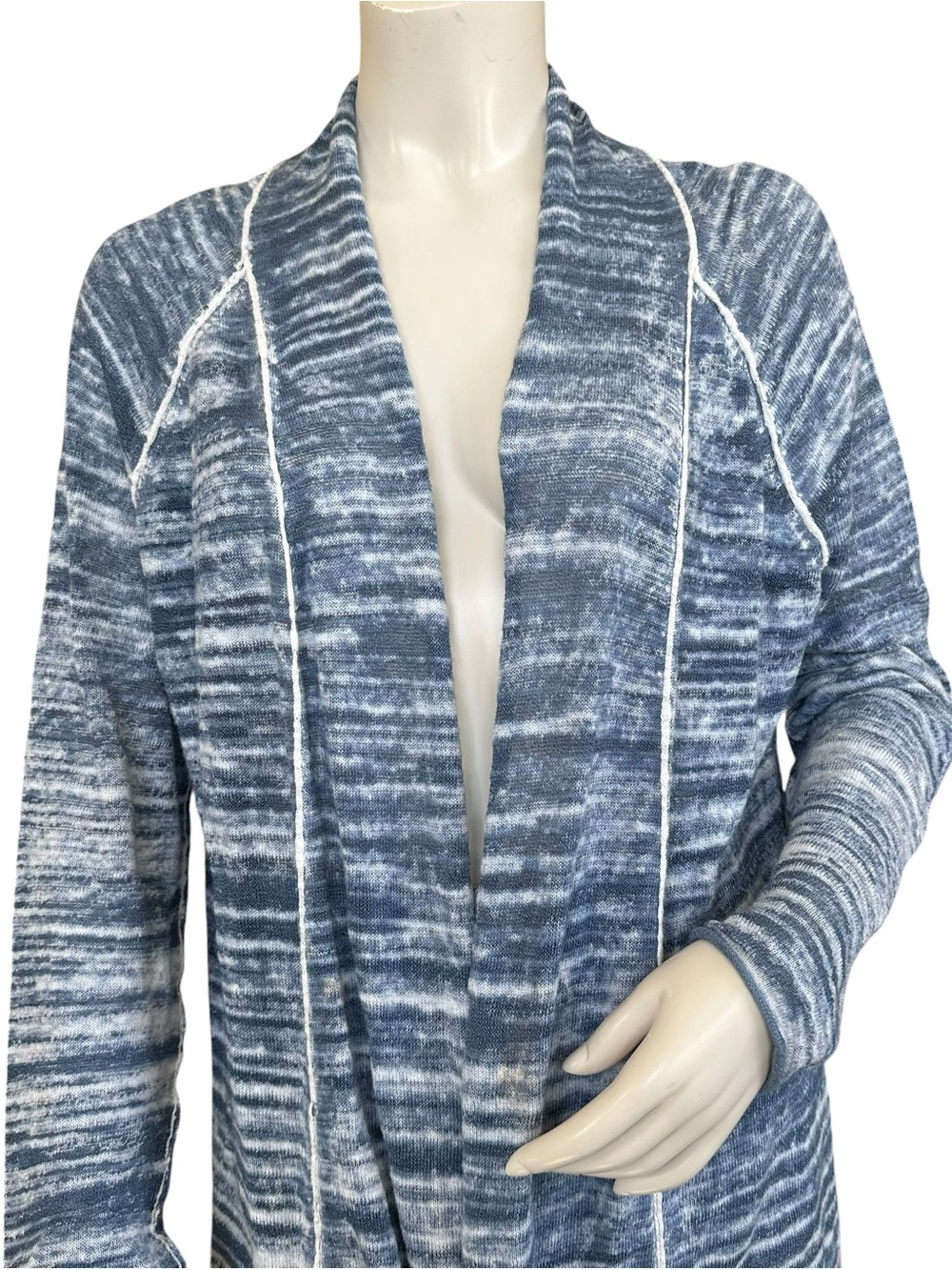 Nic + Zoe Blue and White Ruched Side Linen Blend Airy Open Cardigan Size Large - Picture 3 of 10